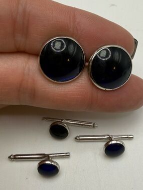 Hickok Cufflinks & Shirt Stud Set Blue Glass Silver Tone Formal Tuxedo Set USA